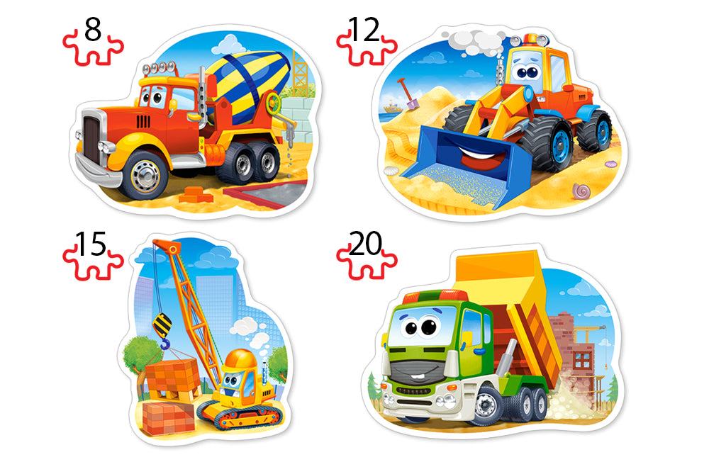 KIDEK pussel - Construction Vehicles, 4 bitar pussel - 8 bitar, 12 bitar, 15 bitar och 20 bitar