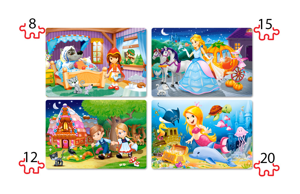 KIDEK pussel - Beautiful Fairy Tales, 4 bitar pussel - 8 bitar, 12 bitar, 15 bitar och 20 bitar