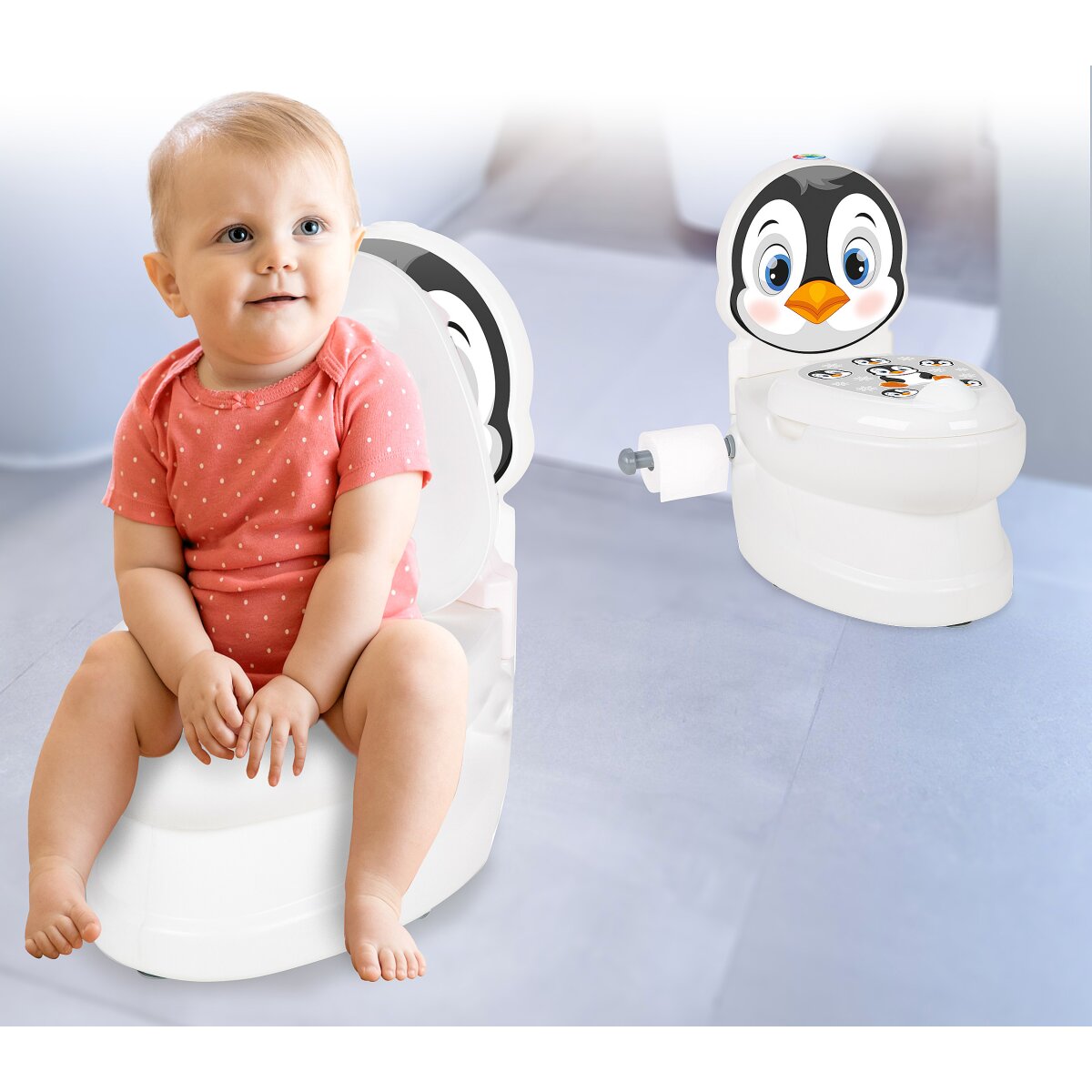 JAMARA My little toilet penguin with flushing sound and toilet paper holder