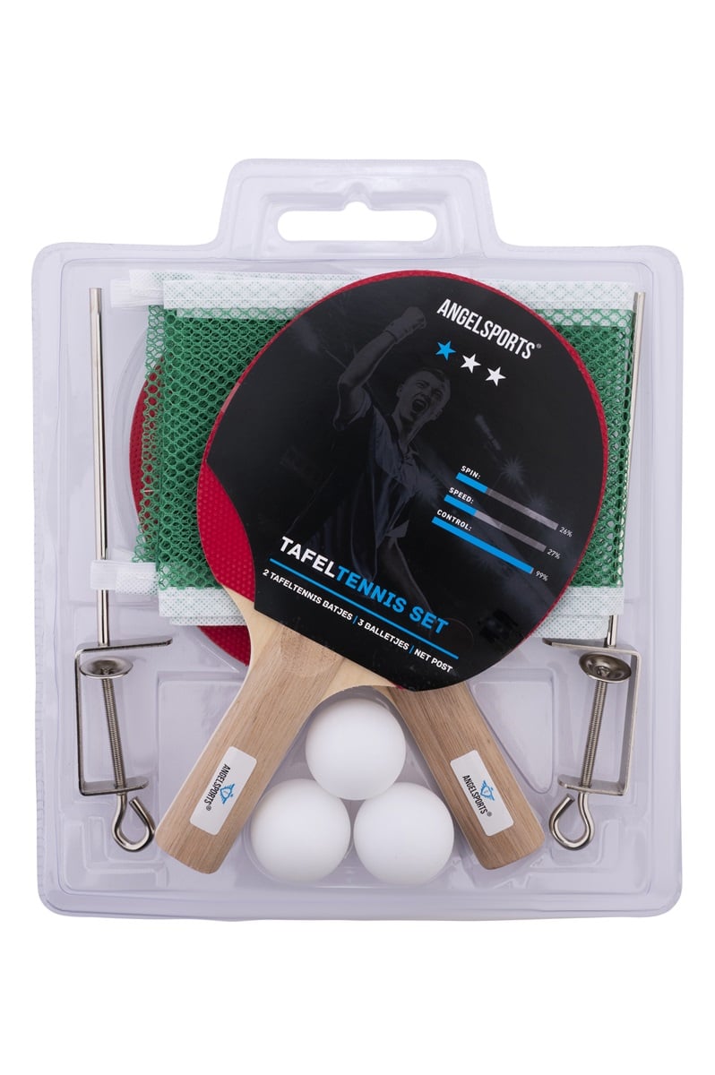 Bordtennisset med nätstolpe och bollar
