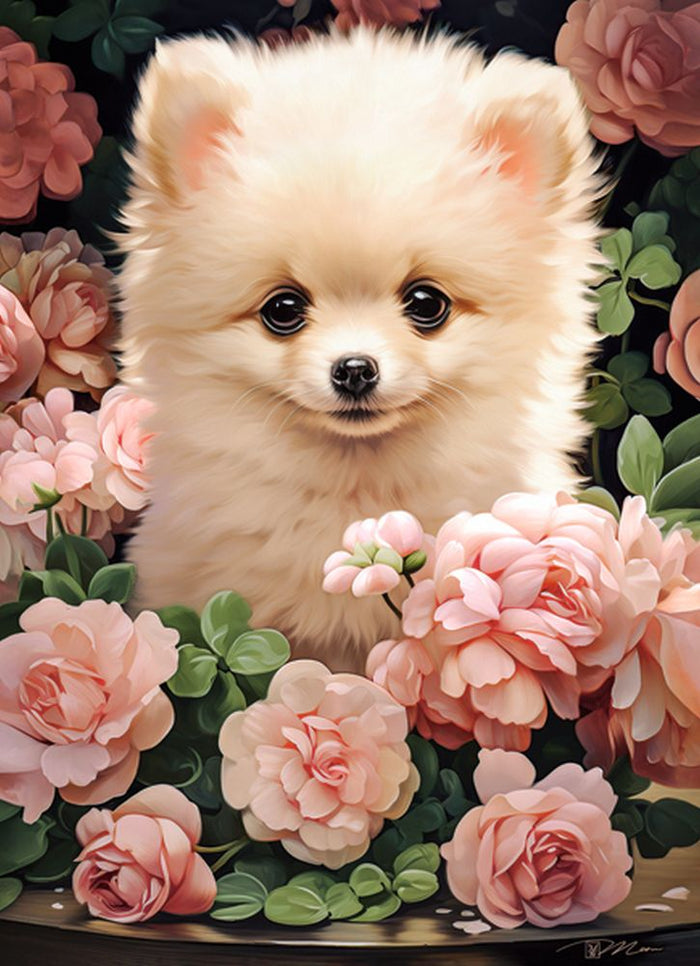 KIDEK pussel - Pomeranian Puppy in Roses, 300-bitar