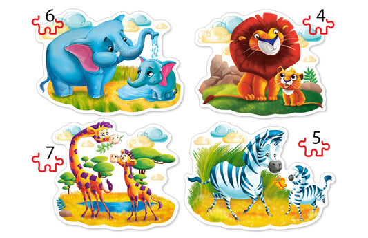 Animals of Africa, 4 pussel - figurformade, 4, 5, 6 och 7 bitar