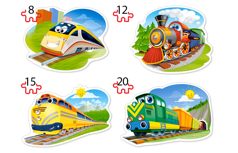 KIDEK pussel - Funny Trains, 4 bitar pussel - 8 bitar, 12 bitar, 15 bitar och 20 bitar