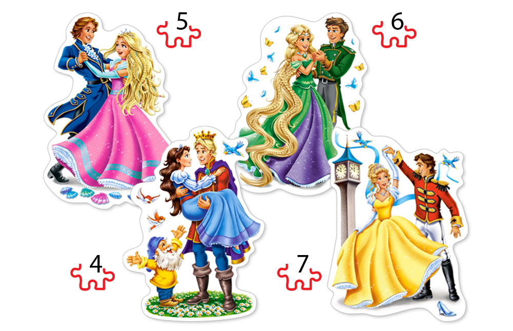 KIDEK pussel - Princesses in Love, 4 bitar pussel - figurformade, 4 bitar, 5 bitar, 6 bitar och 7 bitar