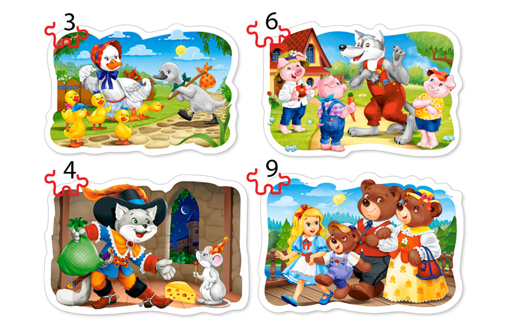 KIDEK pussel - Classic Fairy Tales, 4 bitar pussel - 3 bitar, 4 bitar, 6 bitar och 9 bitar
