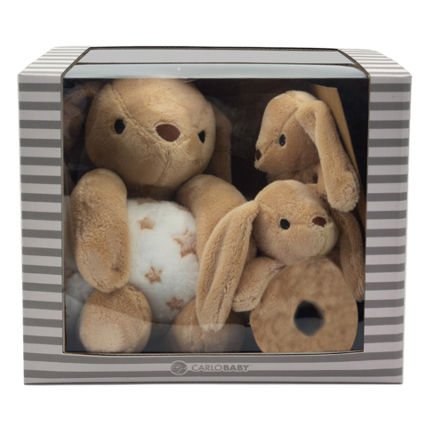 Carlo Baby Gift Set Med Brun Kanin, Snutte & Skallra