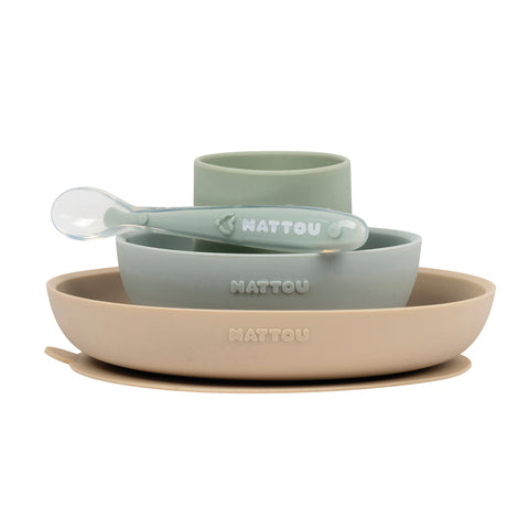 Nattou Soft Silicone Matset 4 delar "Grön/Beige"