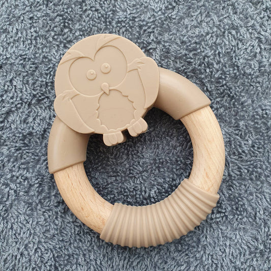 Summerville organic Silikonträ Baby Teether Owl Taupe