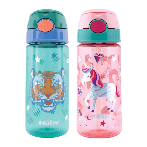 Nuby Soft Straw Push Cup with Glitter - 540ml - Tiger & Unicorn