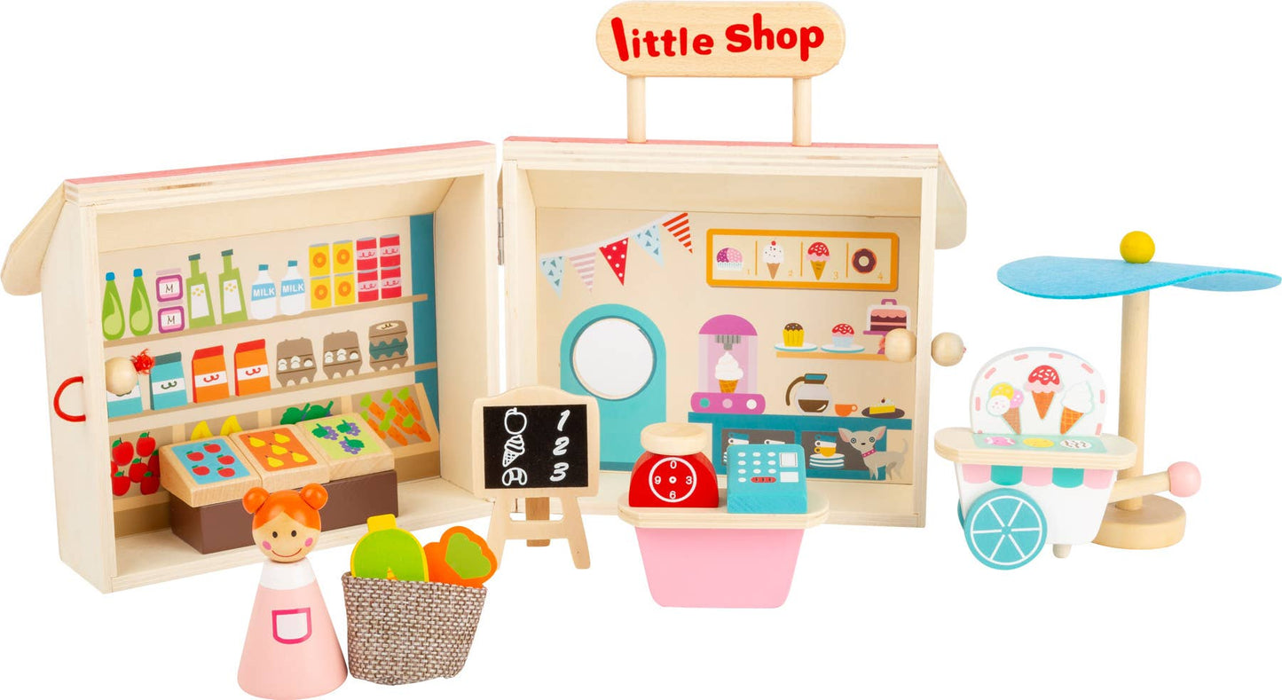 small foot Shopping Shop i en resväska | Spelvärldar | Trä