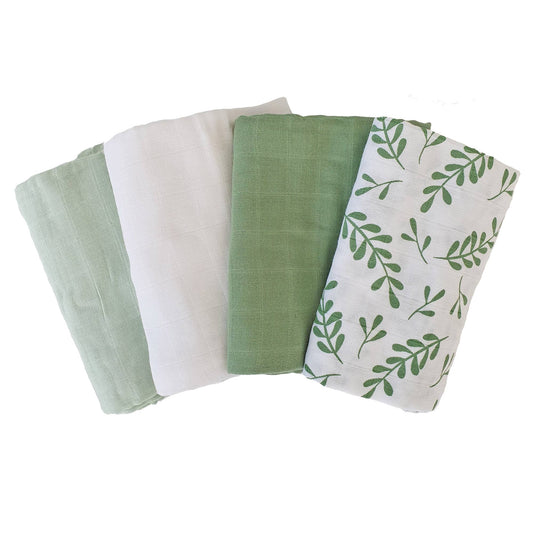 Ekologiska muslinfiltar 4-pack blommig grön