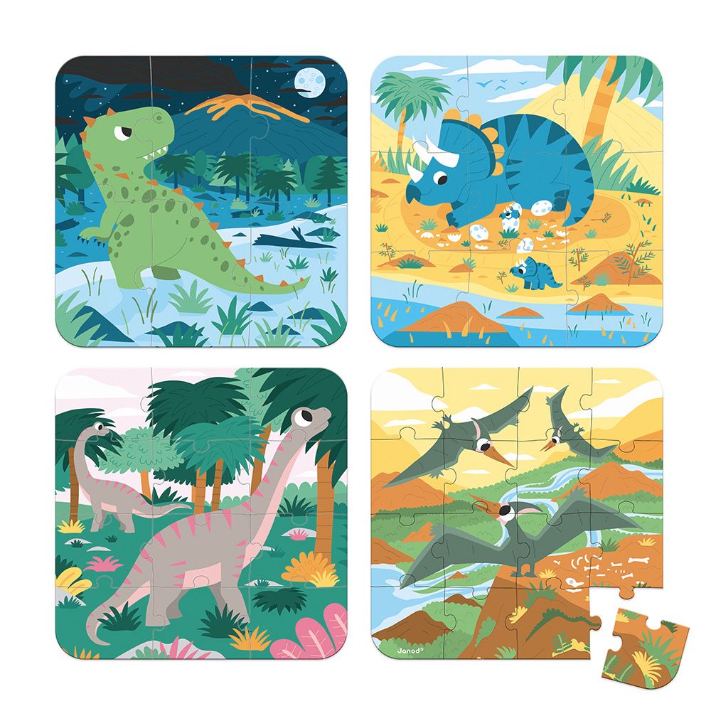 Janod - 4 Progressive Difficulty Dinosaur Puzzles 6-9-12-16 pcs